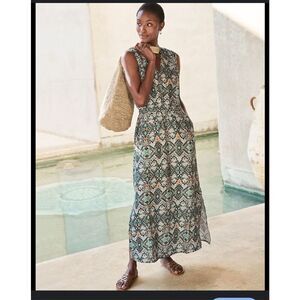 Garnet Hill ikat printed Linen Cinched-Waist Maxi Dress plus size 16